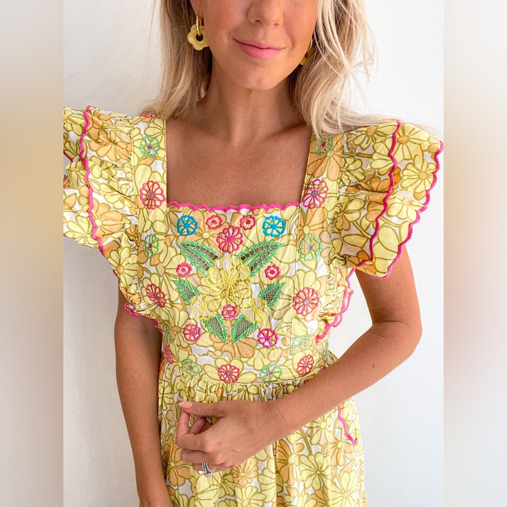 CeliaB Yellow Floral Embroidered Midi Dress with Pink Trim - Picture 8 of 10
